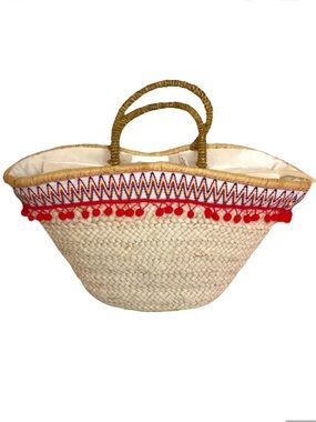 Pia Rossini Kenzi Market Pom Pom Zip Natural Straw Beach Tote Basket Bag Tan NWT